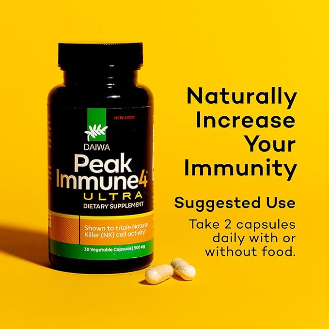 Daiwa PeakImmune4 Natural Immune Support Supplement | Enhances NK Cell Function with RBAC Rice Branand Mycelia Extract from Shiitake Mushrooms | Ultra Strength