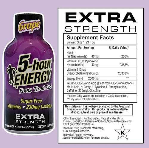 5-hour ENERGY Extra Strength Grape Energy Shot 1.93oz 20-Pack – Sugar Free Caffeine Energy Booster with B-Vitamins &amp Amino Acids – Zero Calorie