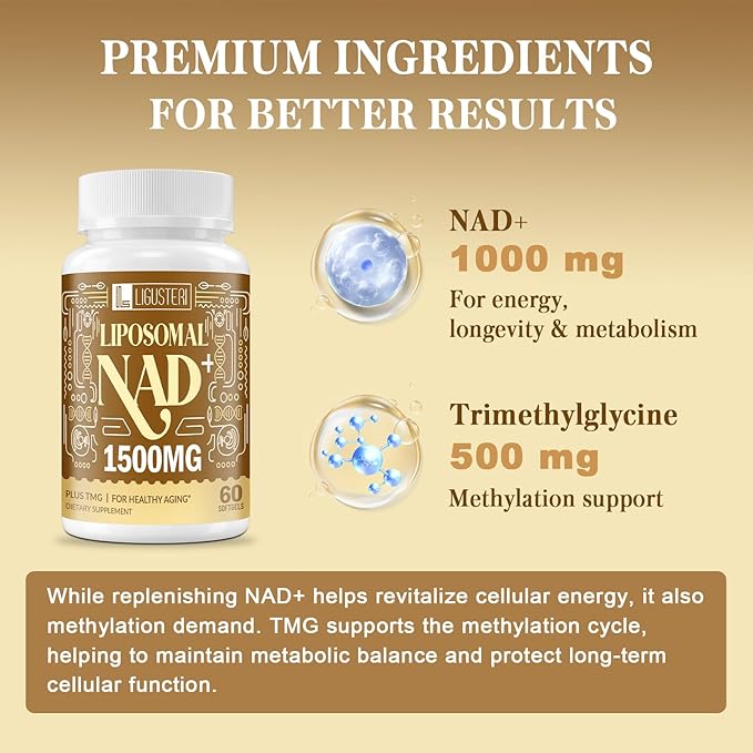 1500 MG Liposomal NAD+ 98%+ Absorption NAD+ Supplement for Women &amp Men with TMG for Aging Defense Cellular Energy Heart &amp Brain Function Longevity 120 Softgels