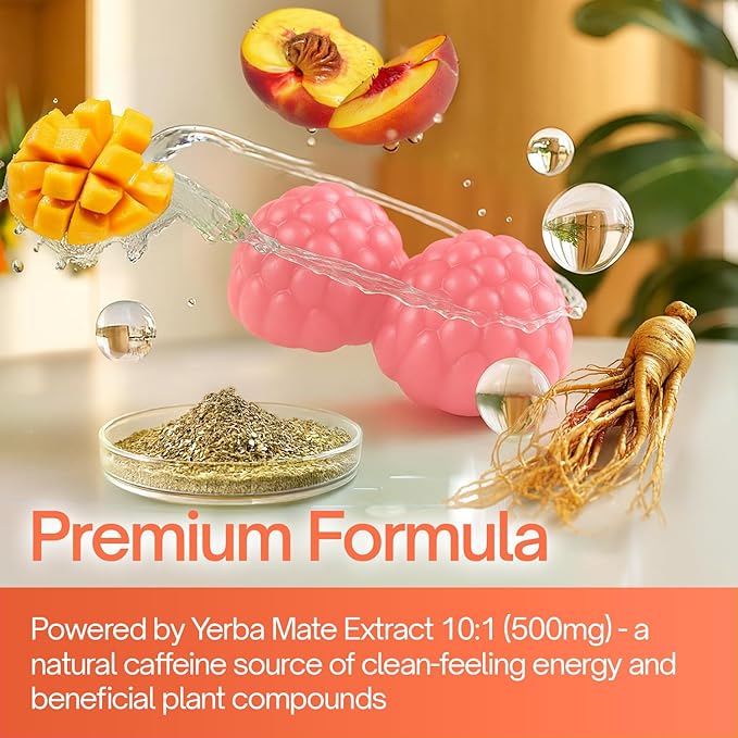60 Yerba Mate Gummies – SuperFocus &amp Energy Support – Formulated with Yerba Mate Extract L-Theanine Rhodiola Ginseng Choline B12 – Peach Mango Flavor – Vegan Gluten-Free Non-GMO