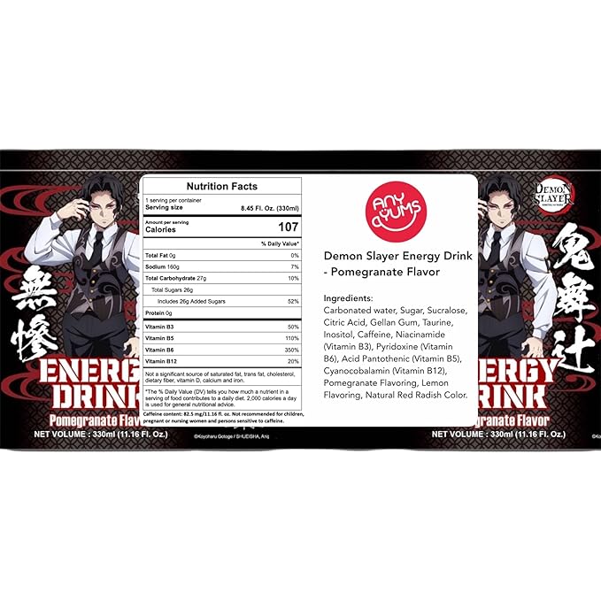 Demon Slayer Tropical Fruit &amp Pomegranate Energy Drink – 11.16 fl oz (330 ml) Cans – Collectible Anime Character Drink (6-Pack Variety)
