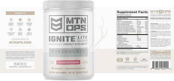 MTN OPS Ignite Lite Energy Drink Powder Gluten Free Nitric Oxide Supplement Drink Mix L Arginine L Citrulline Caffeine &amp Nootropic Sugar Free Drink Mix 45 Servings Strawberry Daiquiri