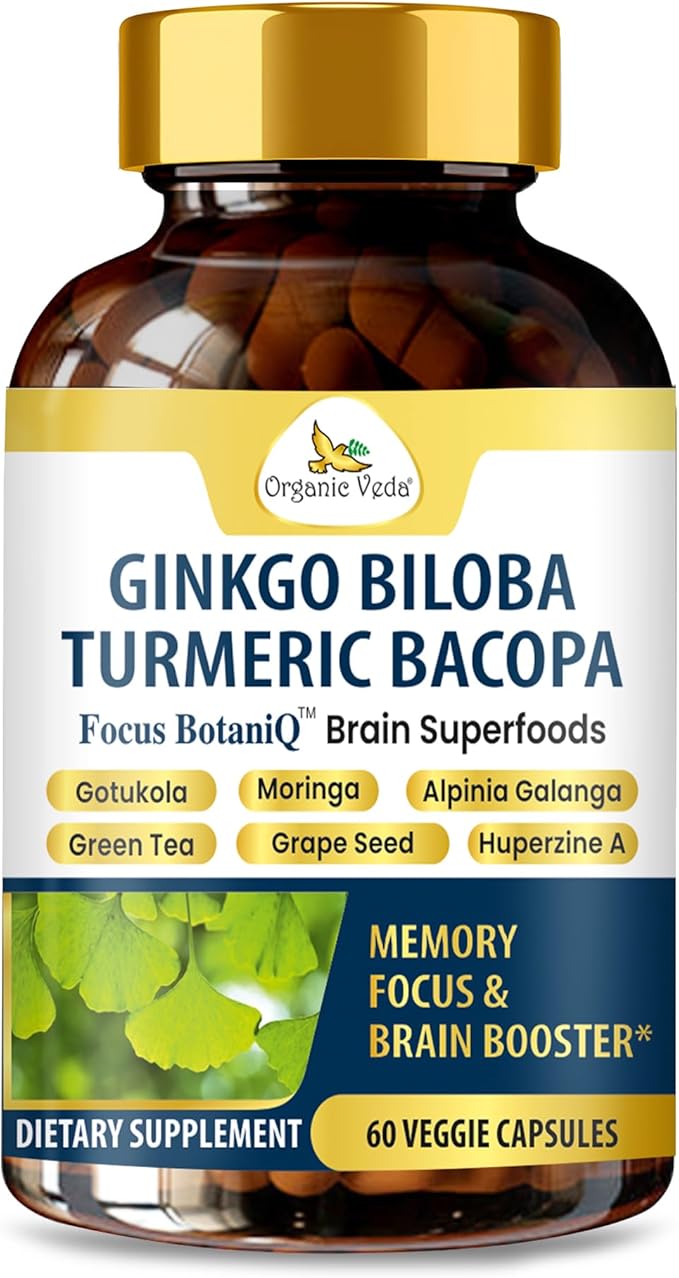 Organic Veda Ginkgo Biloba Turmeric Bacopa Capsules - FocusBotaniQ Memory &amp Brain Supplement - 10 in 1 Cognitive Superfoods Brain Booster Concentration Energy &amp Focus Support - 60 Vegan Cap