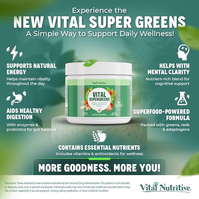 Vital Greens Superfood Powder – New Formula with 40+ Superfoods Daily Green Drink Powder w/Probiotics – Supergreens for Energy Gut Health Digestion Support Plant-Based Vegan Superfoods