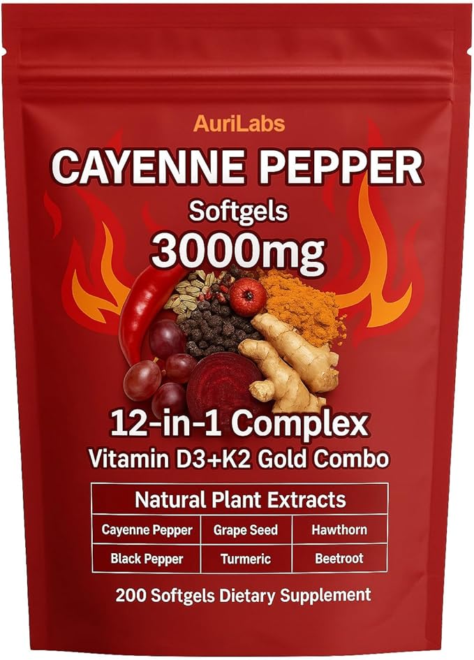 Cayenne Pepper Softgels - Enhanced with Vitamin D3+K2 Complex - Features Grape Seed Hawthorn &amp Beetroot Extracts - Herbal Supplement (1)