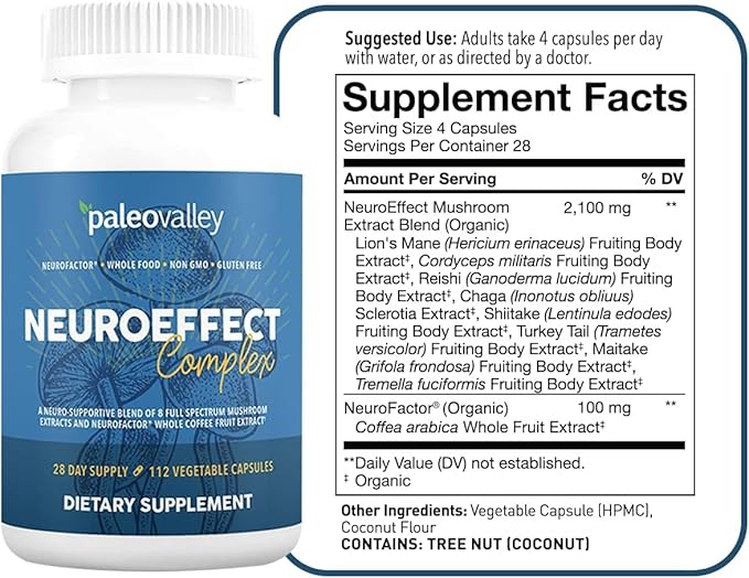 Paleovalley NeuroEffect - Neuro Mushroom Coffee Nutritional Supplement for Focus Memory and Energy Support - 28-Day Supply - 8 Full Spectrum Mushroom and Whole Coffee Fruit Extracts