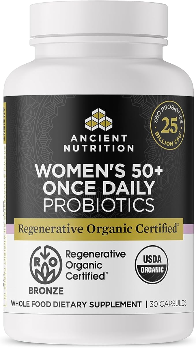 Ancient Nutrition Regenerative Organic Certified Probiotics for Women 50+ Probiotics Women’s 50+ Once Daily Healthy Digestion and Immune System Support 25 Billion CFUs* Per Serving 30 Count