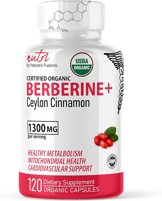 Nature's Fusions Nutri USDA Berberine with Ceylon Cinnamon Extract 1300mg - Berberine HCL - 100mg Organic Supplement - 120 Capsules (60 Servings) Vegan Gluten Free