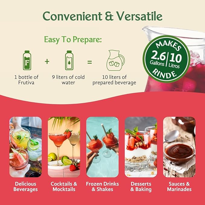 Frutiva Authentic Strawberry Drink Mix | Made in Mexico with Cane Sugar Oats &amp Cinnamon | Aguas Frescas Concentrate Makes 2.6 Gallons Per Bottle | No High Fructose Corn Syrup | Perfect for Drinks