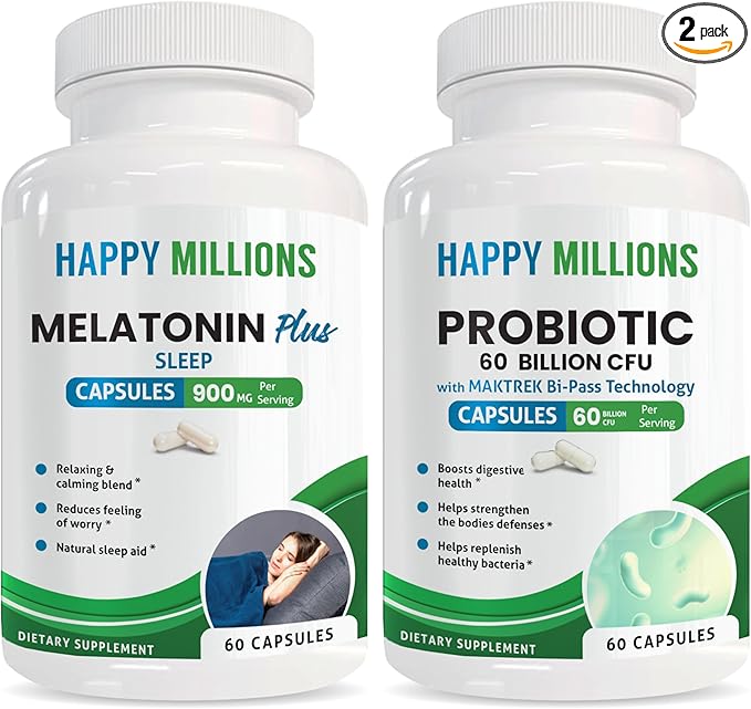 Melatonin Plus &amp Probiotic Capsules | Sleep Support &amp Digestive Health | 60 + 60 Capsules | with 900mg Calming Blend &amp 60 Billion CFU Probiotics