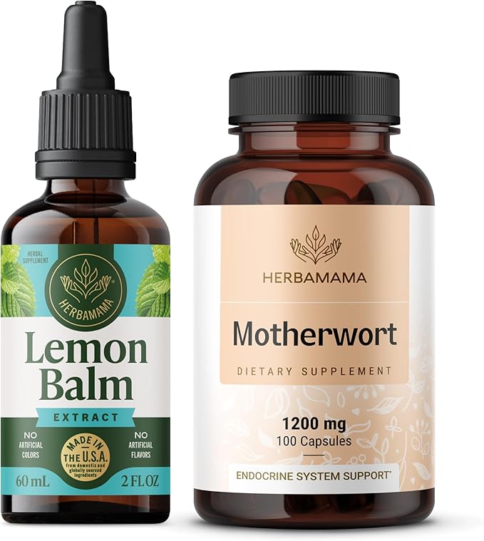 HERBAMAMA Lemon Balm and Rhodiola Kit - Bundle of Lemon Balm Drops 2 Fl Oz &amp 1200mg Rhodiola Rosea Capsules - Vegan Non-GMO Alcohol &amp Gelatin-Free - 2 Pack