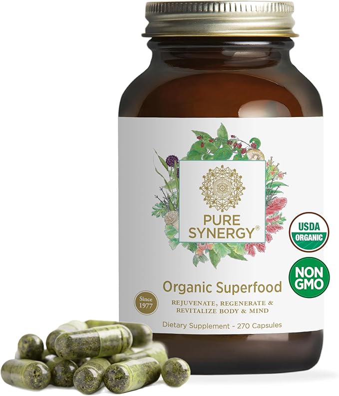 PURE SYNERGY Superfood Capsules | Organic Superfood &amp Greens Supplement | Whole Foods Like Super Greens Spirulina &amp Mushrooms | for Energy Healthy Aging &amp Immune Health (270 Capsules)