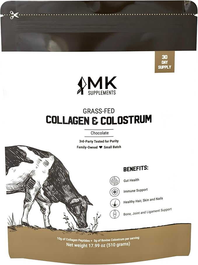 MK Supplements Collagen &amp Colostrum – Grass-Fed Collagen Peptides &amp Colostrum Powder for Hair Nail Skin Bone &amp Joint Health Chocolate Flavor + Monk Fruit