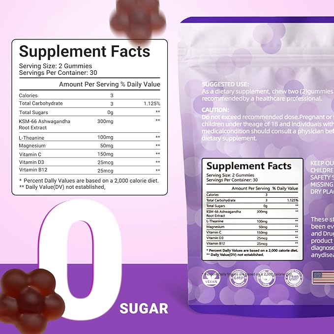 Ashwagandha Gummies &amp Vitamin D Gummy for Men &amp Women Tropical Flavor Vegan Non-GMO &amp Gluten Free Supplement 60 Count （ Individually Wrapped）