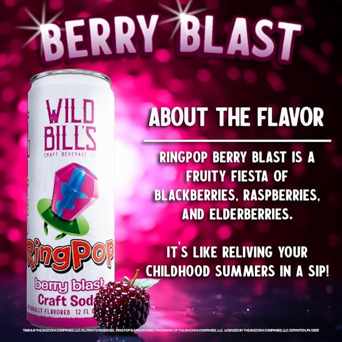 Wild Bill’s Craft Soda Variety Pack – Ring Pop Soft Drinks – Watermelon Strawberry Berry Blast &amp Blue Raspberry – Pure Cane Sugar No HFCS Caffeine Free Vegan Gluten Free - 12 Oz Cans 12 Pack