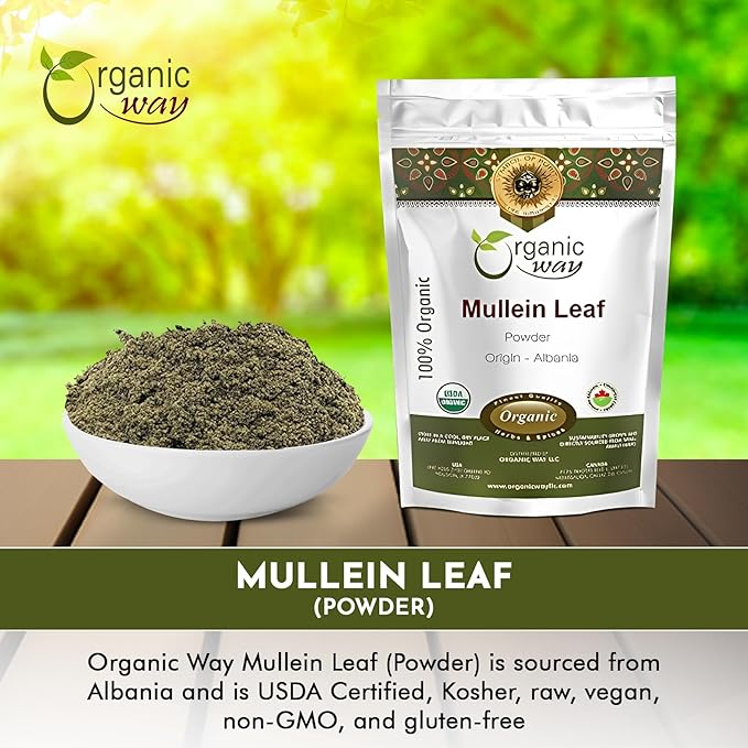 Organic Way Mullein Leaf Powder (Verbascum thapsus) - European Wild-Harvest | Organic &amp Kosher Certified | Vegan Non GMO &amp Gluten Free | USDA Certified | Origin - Albania (16 Oz)