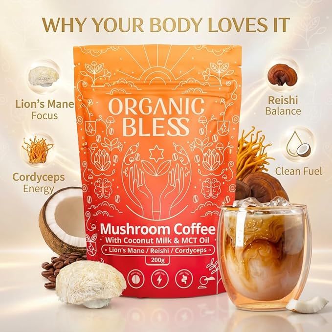 Organic Bless Instant Mushroom Coffee Powder – Organic Lion’s Mane Reishi &amp Cordyceps Blend for Energy Focus &amp Clarity – Adaptogenic Coffee with Coconut Milk &amp MCT Oil – 30 Servings