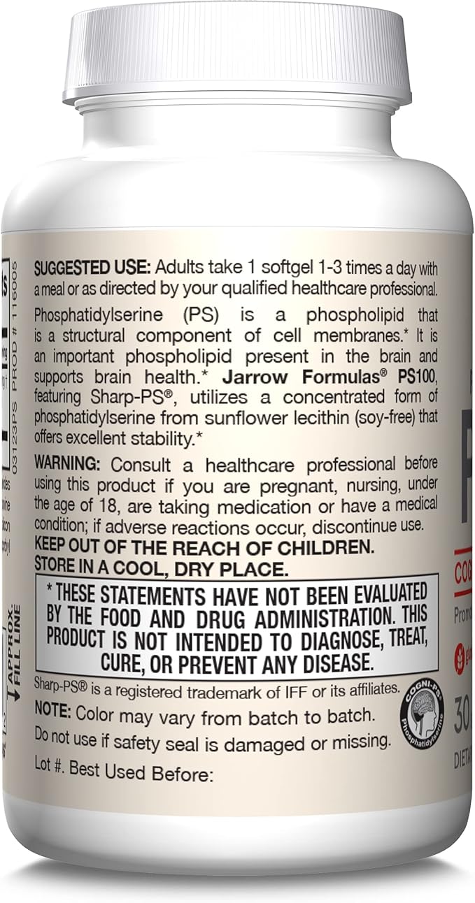 Jarrow Formulas PS100 Phosphatidylserine 100mg Dietary Supplement for Brain Health and Cognitive Function Support 30 Softgels Up to a 10-30 Day Supply