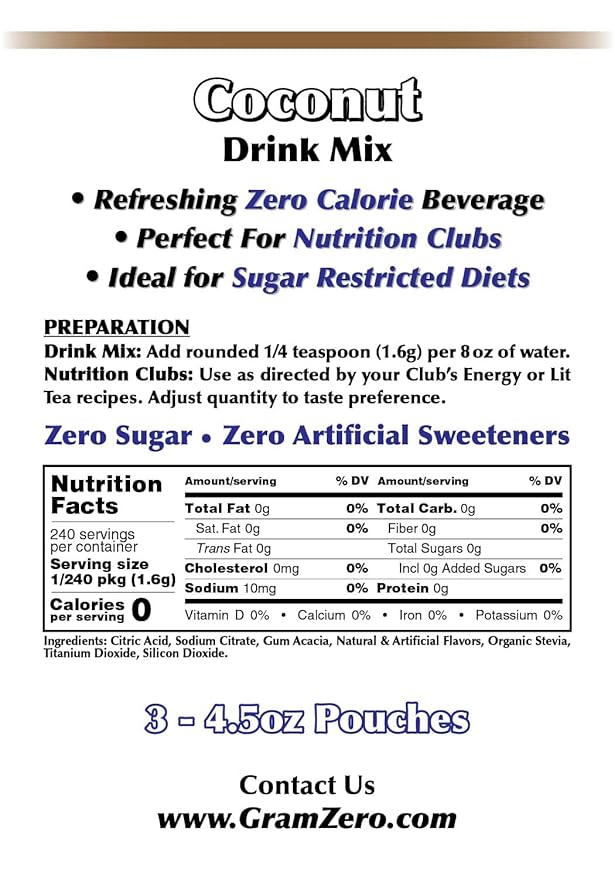 GramZero Coconut Zero Calorie Sugar Free Drink Mix Great For Nutrition Club Loaded Teas Stevia Sweetened