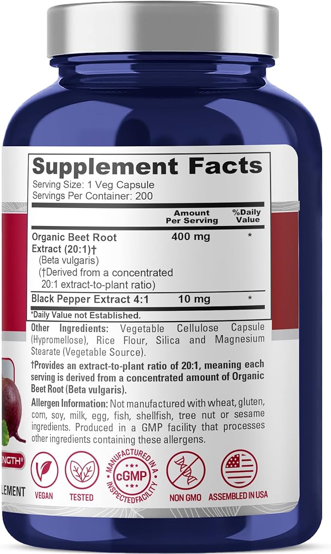 NusaPure Organic Beet Root 400 mg 200 Veg Capsules (Vegan Non-GMO)
