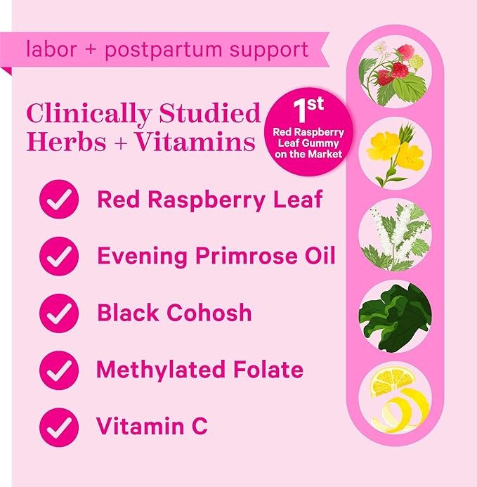 Pink Stork Red Raspberry Leaf Gummies - Third Trimester Labor Prep + Postpartum Mood Essentials with Evening Primrose Oil + Black Cohosh - 60 Vegan Gummy Supplements Non-GMO