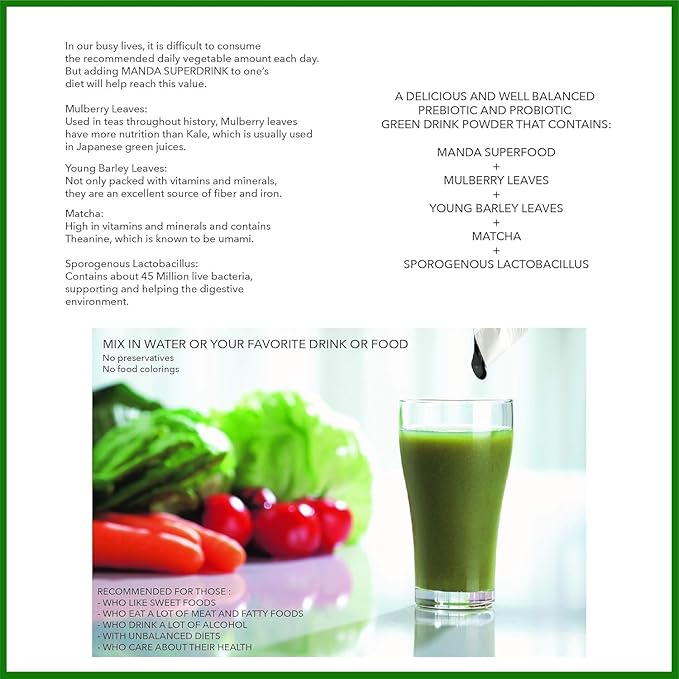 Manda Wellness Superdrink| Prebiotic and Probiotic Delicious Green Juice Made in Japan | Support Your Gut Health Support Your Immune (30 sachets)