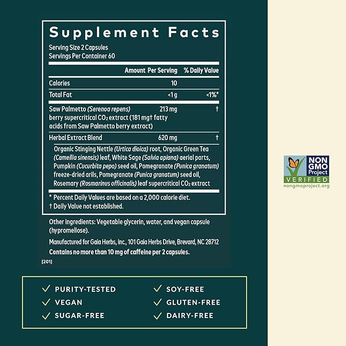 Gaia Herbs Prostate Health - Supports Prostate Health and Function for Men - with Saw Palmetto Green Tea Nettle Root and White Sage* - 120 Vegan Liquid Phyto-Caps (60 Servings)