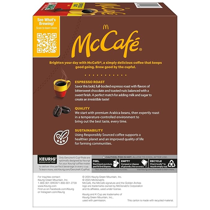 McCafe Espresso Roast Coffee Keurig Single-Serve K-Cup Pods 96 Count (4 Packs of 24) Dark Roast Made with Arabica Beans Bold Flavor with Bittersweet Chocolate &amp Toasted Nut Notes