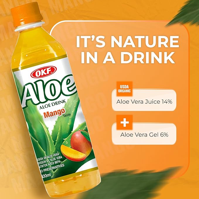 OKF Aloe Vera Drink Juice with Pure Aloe Pulp Variety 16.9 oz. (Mango Pack of 20) Plant Based Drink Korean drinks