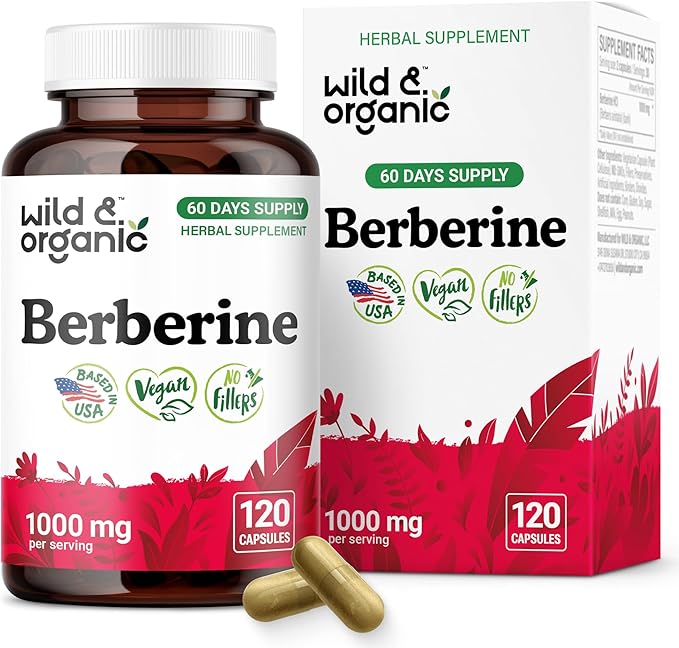 Wild &amp Organic Berberine Supplement Capsules 1000 mg - Antioxidant &amp Overall Support - Berberine HCL Powder - 60 Days of Supply - Berberis Aristata Bark - Vegan No Fillers Non-GMO - 120 Coun