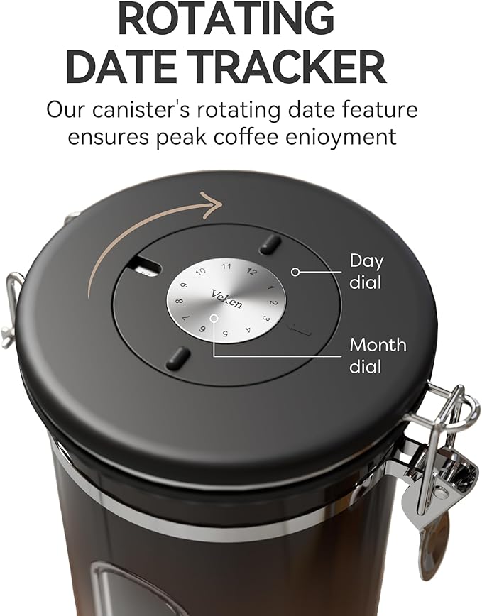 Veken Coffee Canister with WindowAirtight Stainless Steel Kitchen Food Storage Container Date Tracker &amp Scoop for Grounds Coffee Beans TeaFlourCerealSugar22OZCopper