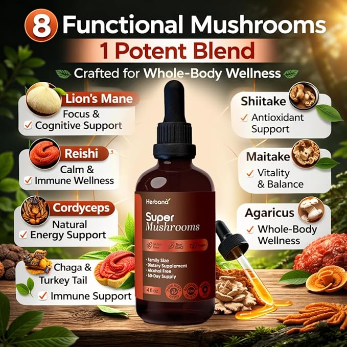 Super Mushroom Complex 8 in 1 Liquid Extract - 4 fl oz Drops with Reishi Lion’s Mane Cordyceps Chaga Maitake Turkey Tail Shiitake Agaricus for Focus Immune Wellness and Daily Energy