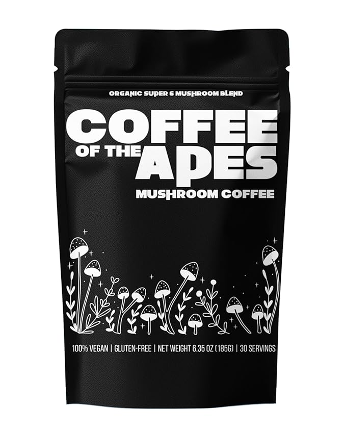 Coffee Of The Apes - Organic Instant Mushroom Coffee - High Potency Functional Adaptogen Drink with Lion's Mane Cordyceps Reishi Turkey Tail King Trumpet Shiitake Real Arabica Beans and MCT OIL