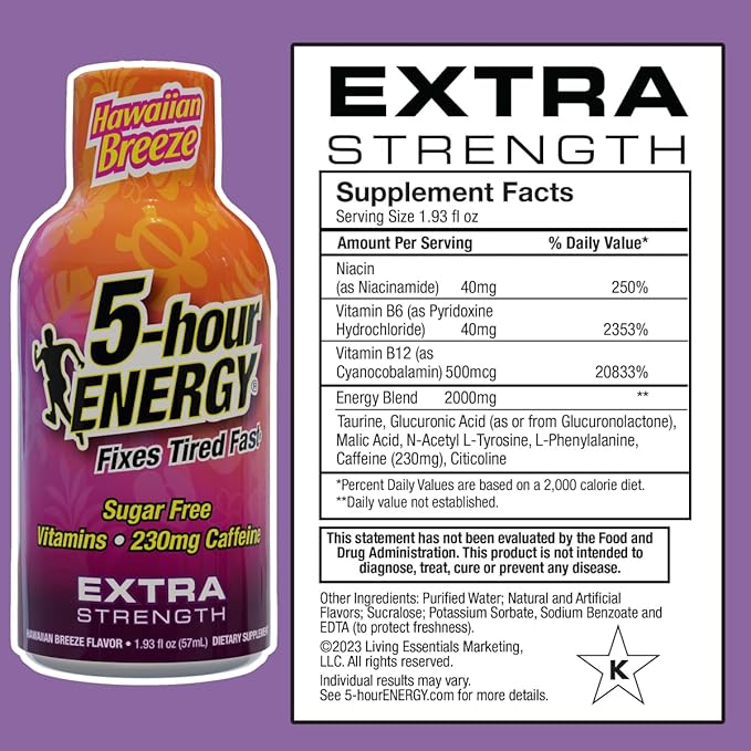 5-hour ENERGY Extra Strength Hawaiian Breeze Energy Shot 1.93oz 20-Pack – Sugar Free Caffeine Energy Booster with B-Vitamins &amp Amino Acids – Zero Calorie (20 Bottles – Single Flavor Hawaiian Bre