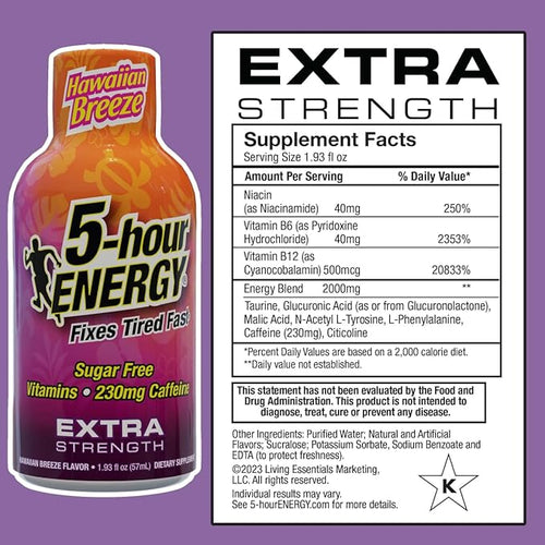 5-hour ENERGY Extra Strength Hawaiian Breeze Energy Shot 1.93oz 20-Pack – Sugar Free Caffeine Energy Booster with B-Vitamins &amp Amino Acids – Zero Calorie (20 Bottles – Single Flavor Hawaiian Bre
