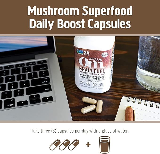 OM MUSHROOM SUPERFOOD Brain Fuel Mushroom Powder Capsules Superfood Supplement 90 Count 30 Days Lion's Mane Reishi Blend Plus Folate Mental Clarity Mushroom Supplement