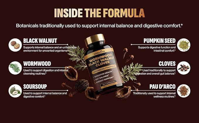 Wormwood Black Walnut Clove Cleanse for Humans - Advanced Detox Formula for Adults - Gut Health Supplement with Wormwood Herb Black Walnut Hull Extract &amp Clove - 60 Capsules