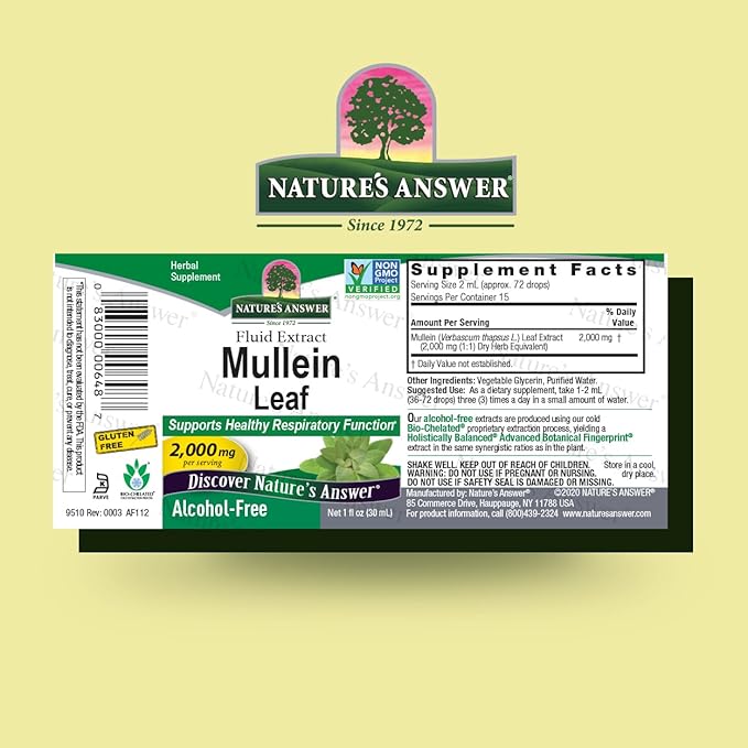 Nature's Answer Mullein Leaf | Herbal Supplement | Supports Respiratory Function &amp Mucous Membranes | Non-GMO &amp Kosher | Gluten-Free &amp Alcohol-Free 1oz (2 Pack)