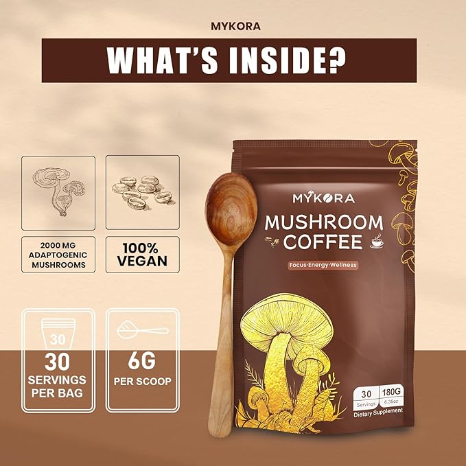 Mushroom Coffee 2000mg Organic Instant Coffee with 6 Adaptogenic Mushrooms (Lion’s Mane &amp Turkey Tail) with MCT Oil &amp Coconut for Focus Energy Digestion &amp Immune Support 30 Servings
