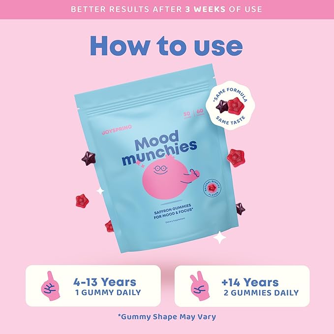 JoySpring Mood Munchies Saffron Gummies for Kids 4+ | Saffron Extract Supplement with GABA Passion Flower &amp St Johns Wort | Sugar Free Vegan Brain Support &amp Kids Focus Gummies | Crafted in US