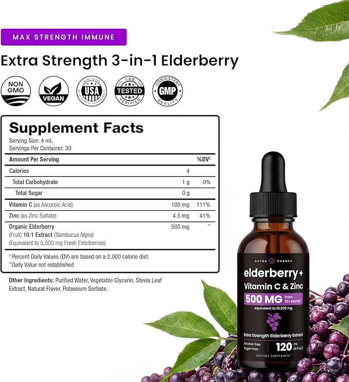 NutraChamps Organic Elderberry Syrup - 5000mg Elderberry Extract with Vitamin C &amp Zinc - Black Elderberry Liquid Drops - Sugar-Free Immunity Booster Vegan Gluten-Free