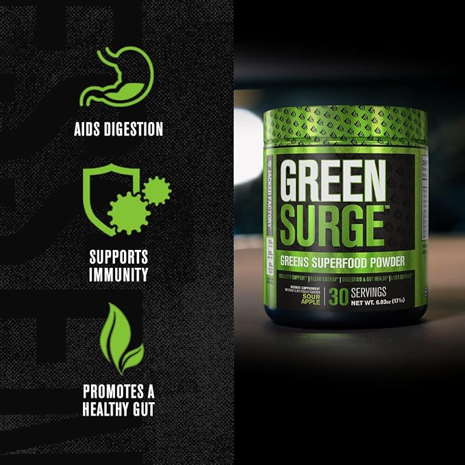 Jacked Factory Green Surge Green Superfood Powder- Keto Friendly Greens Drink w/Spirulina Wheat &amp Barley Grass Organic Greens - Green Tea Extract Probiotics &amp Digestive Enzymes - Sour Apple