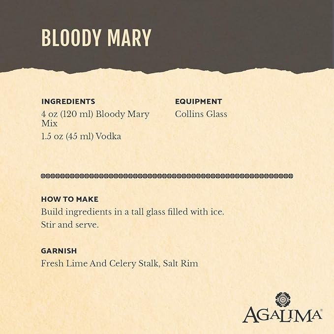 Agalima Organic Authenic Bloody Mary Drink Mix All Natural 1 Liter (33.8 Fl Oz) Glass Bottle Individually Boxed