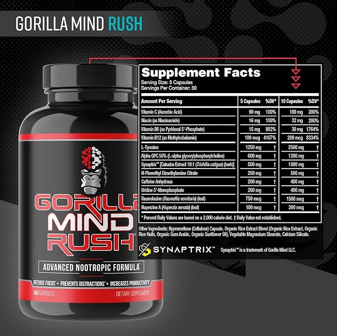 Gorilla Mind Rush - Nootropic Supplement | Intense Focus · Insane Productivity Cognitive Health Support Memory Focus Concentration Clarity | 150 Capsules