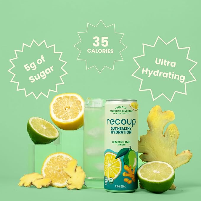 Recoup Organic Sparkling Prebiotic Drink - Ginger with Electrolytes for Gut Health Support &amp Hydration No Added Sugar ((Pack of 12) Lemon Lime + Ginger)