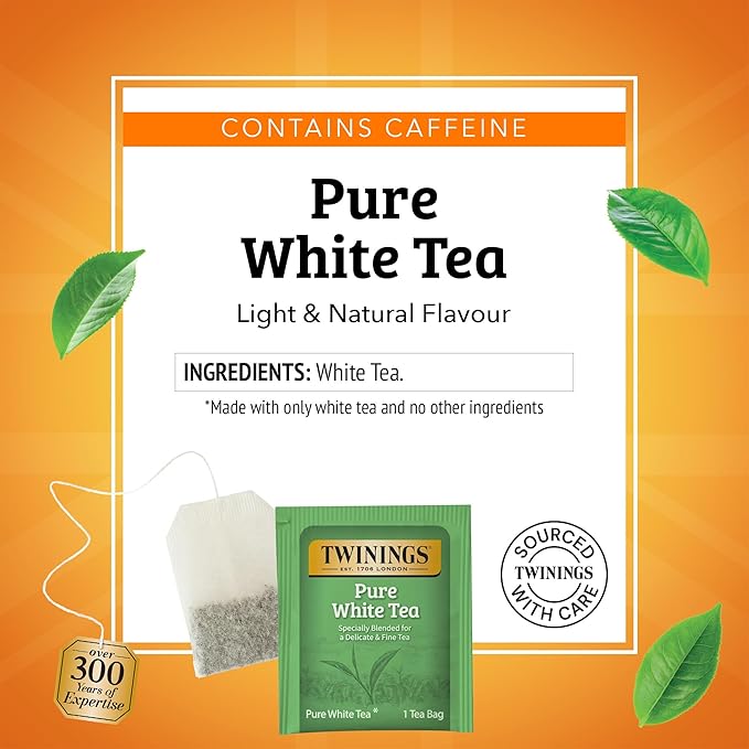 Twinings Pure White Tea Individually Wrapped Bags 20 Count (Pack of 6) Light &amp Fresh Caffeinated Enjoy Hot or Iced 120 Teabags