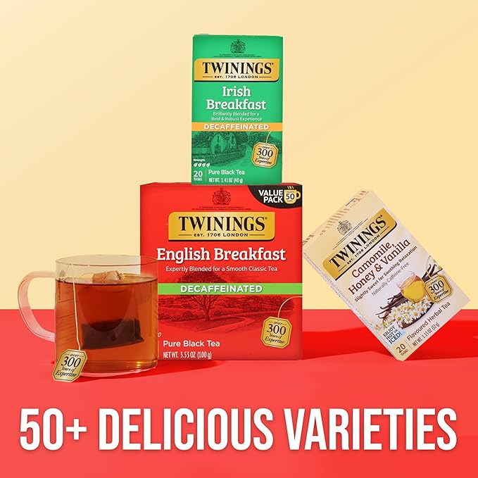 Twinings Decaffeinated Irish Breakfast Black Tea Individually Wrapped Bags 20 Count (Pack of 6) Flavourful Robust Enjoy Hot or Iced 120 Teabags