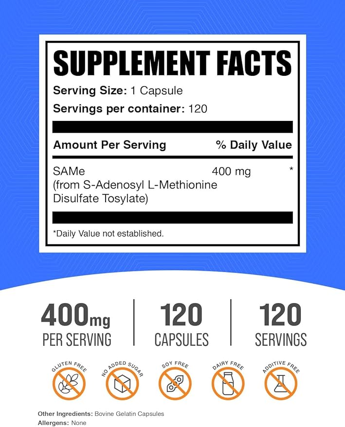 BulkSupplements.com Same Capsules - S-Adenosyl-L-Methionine Same Supplement - Gluten Free 1 Capsule per Serving (400mg) 120 Capsules (Pack of 1)