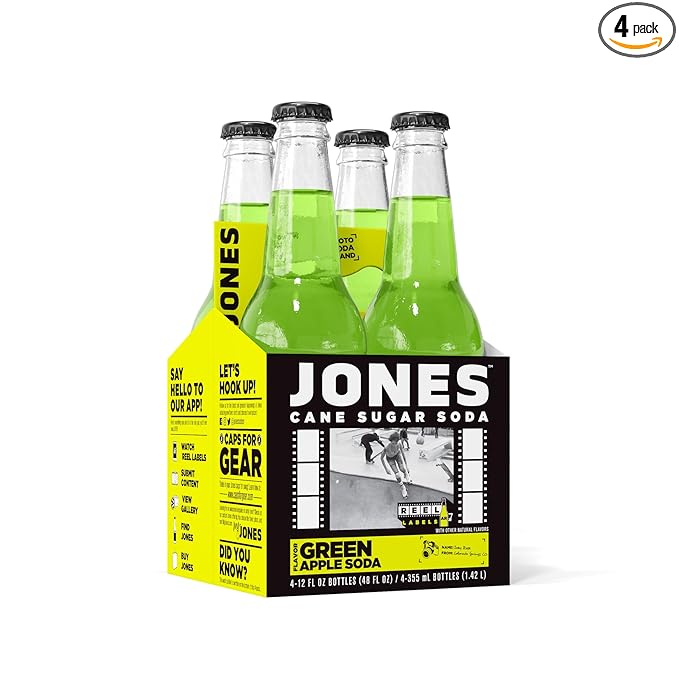 Four(4) Bottles - Jones Soda Co. Green Apple Soda Flavor | 100% Cane Sugar Soda | Craft Soda Pop | Soda Soft Drinks | Glass Bottle Soda