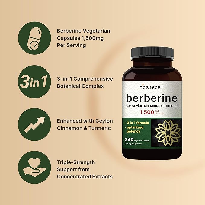 NatureBell Berberine Supplement 1500mg with Ceylon Cinnamon &amp Turmeric Root 240 Veggie Capsules | 97% Pure Berberine HCL | Supports Balanced Sugar Levels &amp Heart Health | Vegan Non-GMO